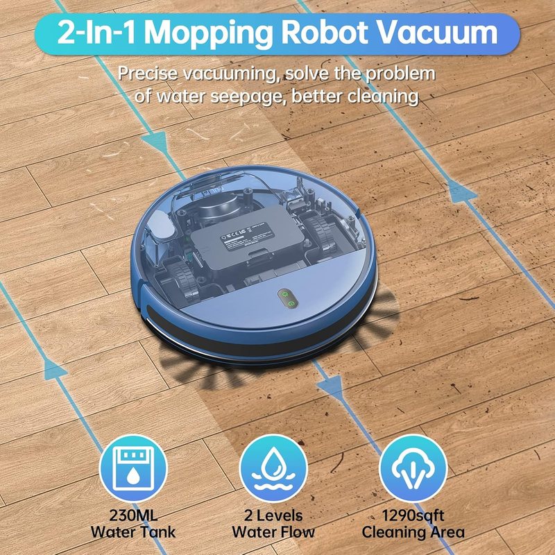 ZCWA robot vacuum BR151 mopping a wood floor in straight passes, with 230 ml water tank and 1290 square foot coverage labelled