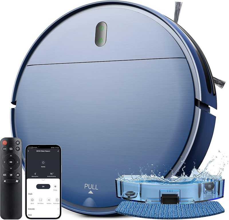 ZCWA robot vacuum BR151 in blue shown with its remote control, the Tuya app on a phone and the 230 ml water tank with mopping cloth