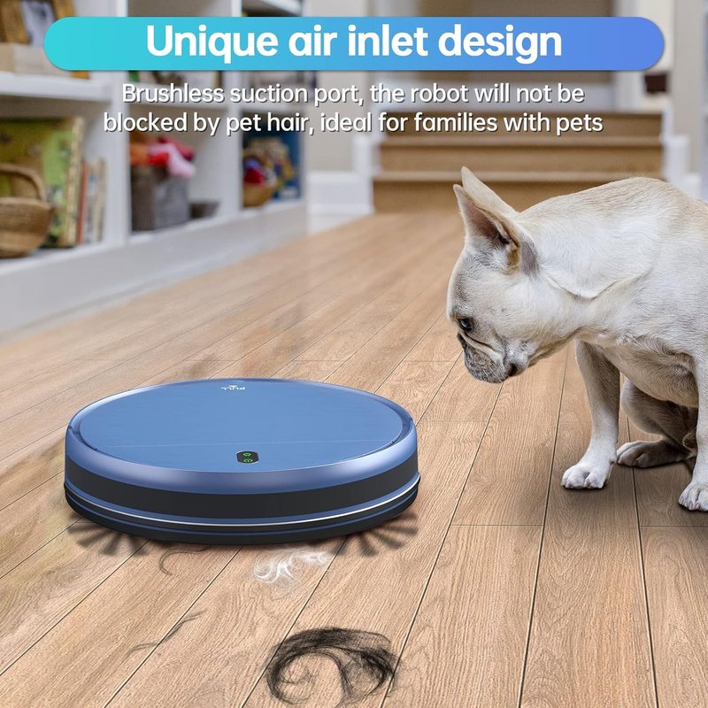 ZCWA robot vacuum BR151 collecting dog hair from a wood floor next to a French bulldog, showing the brushless suction port