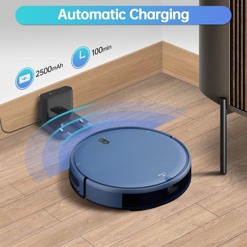ZCWA robot vacuum BR151 returning to its charging dock, with 2500 mAh battery and 100 minute runtime labelled