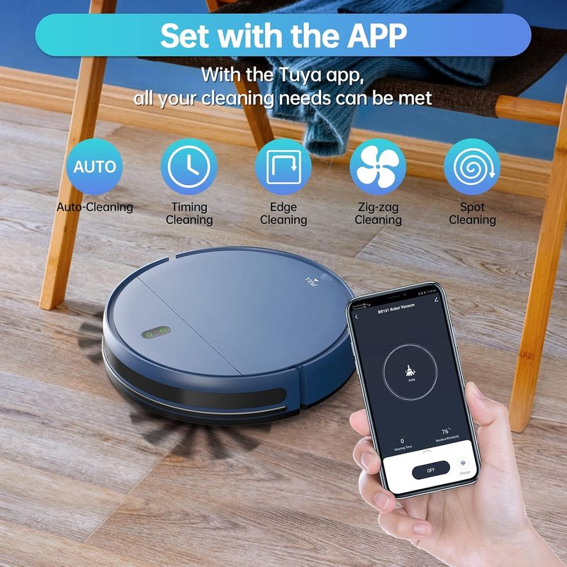 ZCWA robot vacuum BR151 controlled from the Tuya app, with auto, timing, edge, zig-zag and spot cleaning modes shown