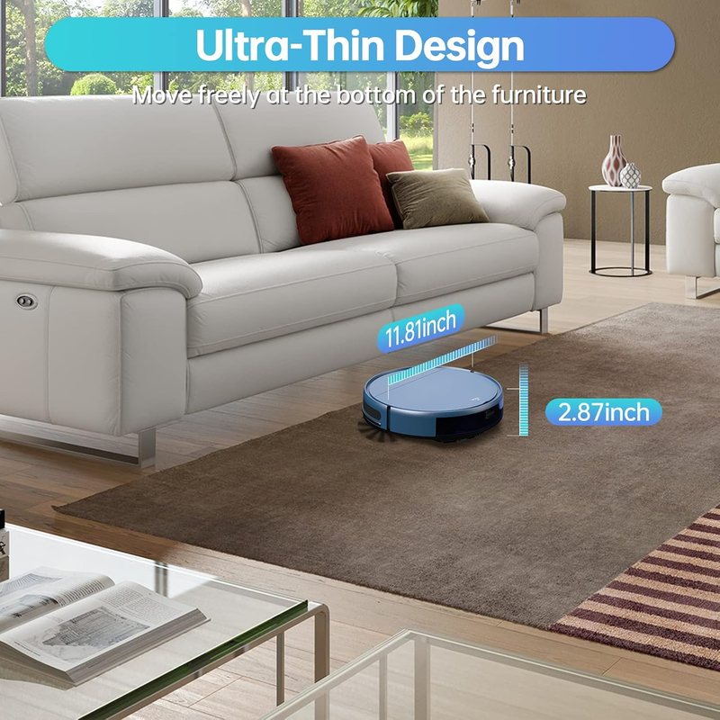 ZCWA robot vacuum BR151 measuring 11.81 inches wide and 2.87 inches tall driving under a low living room sofa